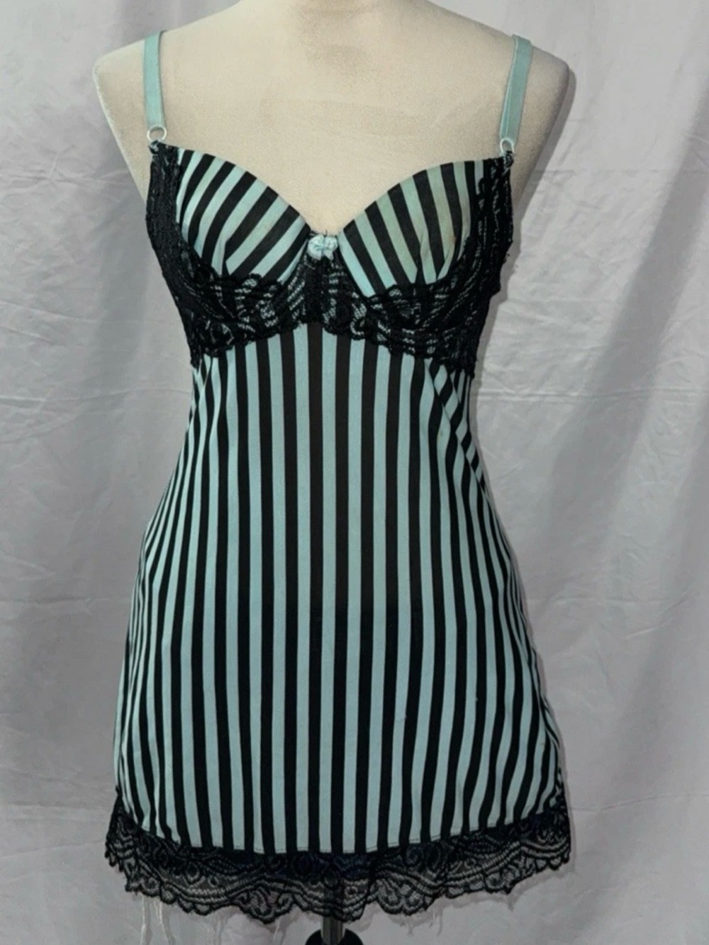 Striped Mint & Black Lace Trim Chemise